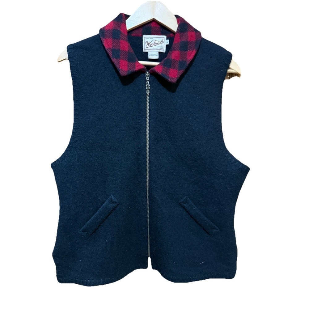 Woolrich 100% Wool Full Zip Red Black Vest Buffalo Plaid Collar Women's Large
